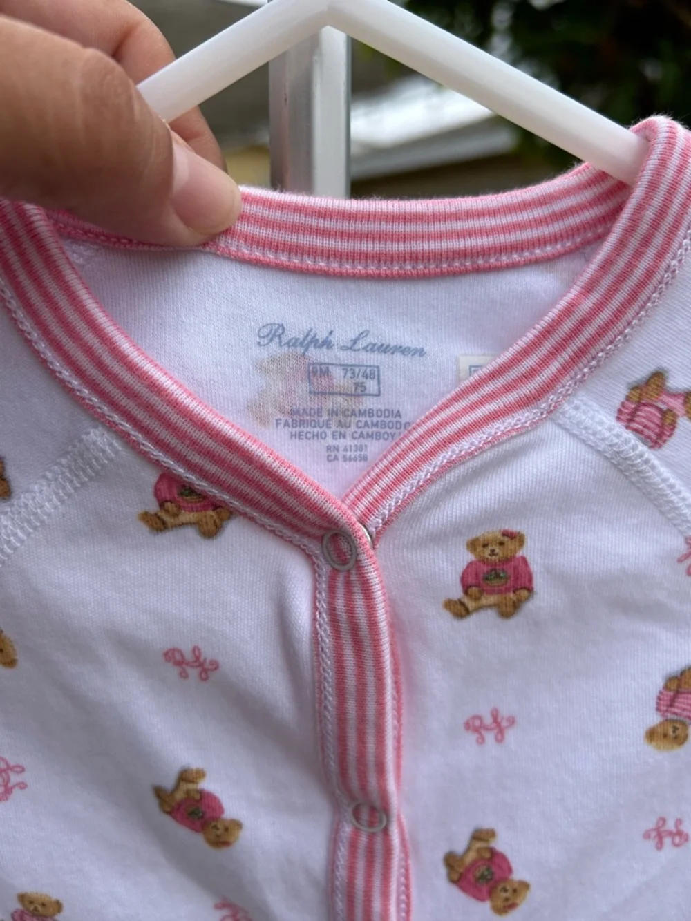 Ralph Lauren White Footed One-Piece with Pink Trim and Floral Bear Print